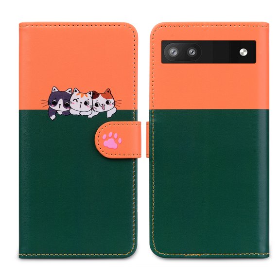 Feishell Cute Animal Pattern Wallet Phone Case for Google Pixel 6a,Color Matching PU Leather Shockproof Magnetic Flip Stand Credit Card Slots Slim Phone Case with Wrist Strap, Darkgreen