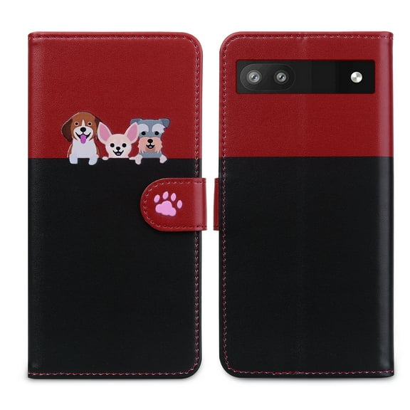 Feishell Cute Animal Pattern Wallet Phone Case for Google Pixel 6a,Color Matching PU Leather Shockproof Magnetic Flip Stand Credit Card Slots Slim Phone Case with Wrist Strap, Black