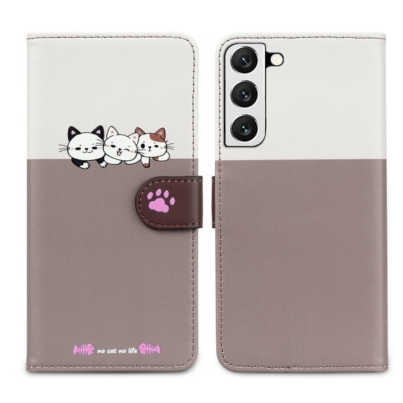 Feishell Cute Animal Pattern Wallet Phone Case for Samsung Galaxy S22,Color Matching PU Leather Shockproof Magnetic Flip Stand Credit Card Slots Slim Phone Case with Wrist Strap, Gray