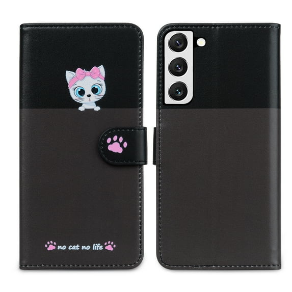 Feishell Cute Animal Pattern Wallet Phone Case for Samsung Galaxy S22,Color Matching PU Leather Shockproof Magnetic Flip Stand Credit Card Slots Slim Phone Case with Wrist Strap, Darkgray