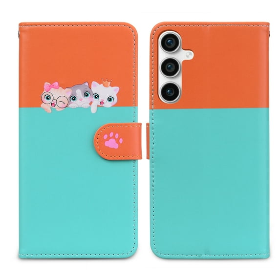 Feishell Cute Animal Pattern Wallet Phone Case for Samsung Galaxy S23 FE,Color Matching PU Leather Shockproof Magnetic Flip Stand Credit Card Slots Slim Phone Case with Wrist Strap, Skyblue