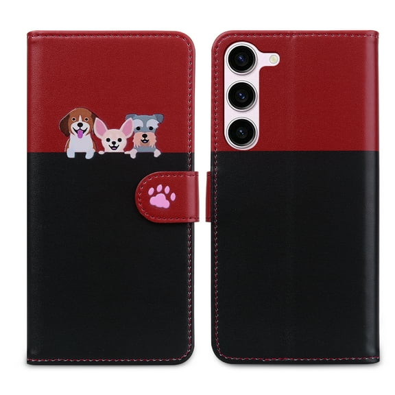 Feishell Cute Animal Pattern Wallet Phone Case for Samsung Galaxy S23 Plus,Color Matching PU Leather Shockproof Magnetic Flip Stand Credit Card Slots Slim Phone Case with Wrist Strap, Black