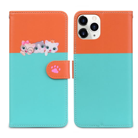 Feishell Cute Animal Pattern Wallet Phone Case for iPhone 11 Pro,Color Matching PU Leather Shockproof Magnetic Flip Stand Credit Card Slots Slim Phone Case with Wrist Strap,Skyblue