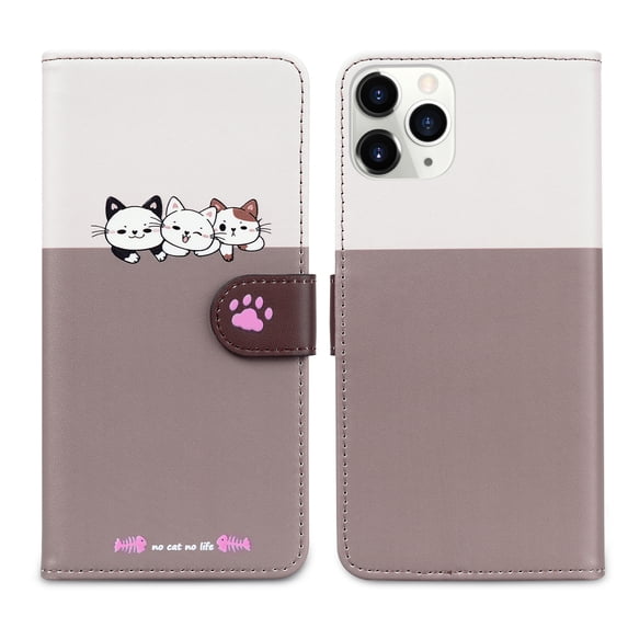 Feishell Cute Animal Pattern Wallet Phone Case for iPhone 11 Pro,Color Matching PU Leather Shockproof Magnetic Flip Stand Credit Card Slots Slim Phone Case with Wrist Strap,Gray