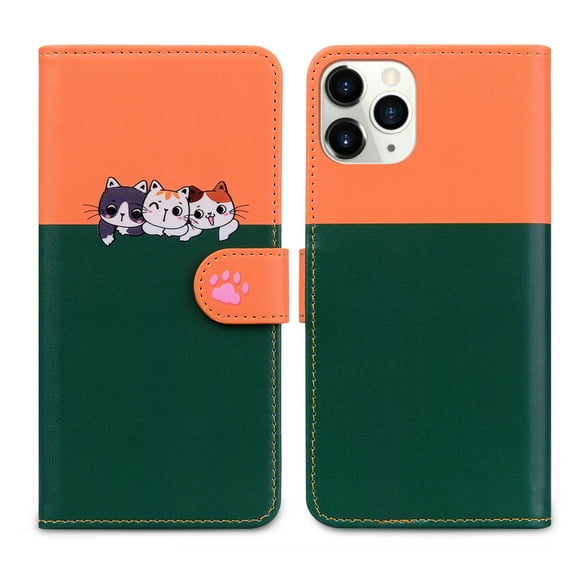 Feishell Cute Animal Pattern Wallet Phone Case for iPhone 11 Pro,Color Matching PU Leather Shockproof Magnetic Flip Stand Credit Card Slots Slim Phone Case with Wrist Strap,Darkgreen