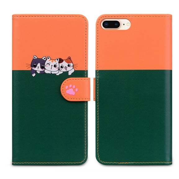 Feishell Cute Animal Pattern Wallet Phone Case for iPhone 8 Plus/7 Plus,Color Matching PU Leather Shockproof Magnetic Flip Stand Credit Card Slots Slim Phone Case with Wrist Strap,Darkgreen
