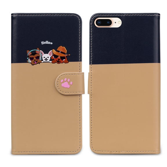 Feishell Cute Animal Pattern Wallet Phone Case for iPhone 8 Plus/7 Plus,Color Matching PU Leather Shockproof Magnetic Flip Stand Credit Card Slots Slim Phone Case with Wrist Strap,Khaki