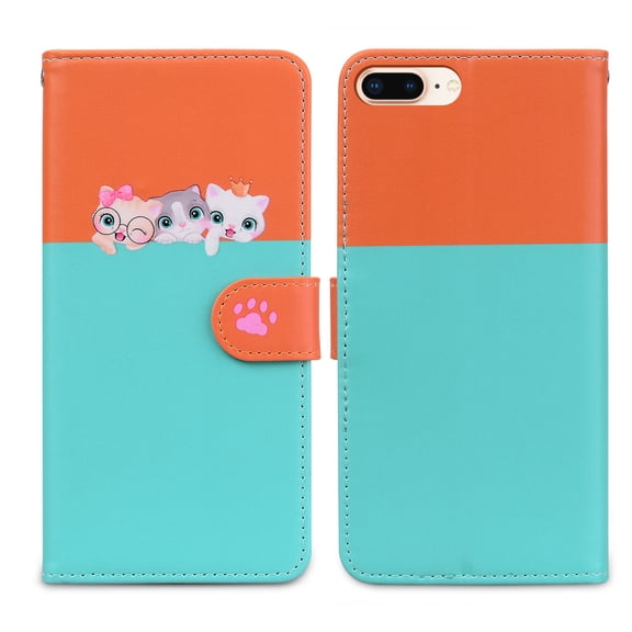 Feishell Cute Animal Pattern Wallet Phone Case for iPhone 8 Plus/7 Plus,Color Matching PU Leather Shockproof Magnetic Flip Stand Credit Card Slots Slim Phone Case with Wrist Strap,Skyblue