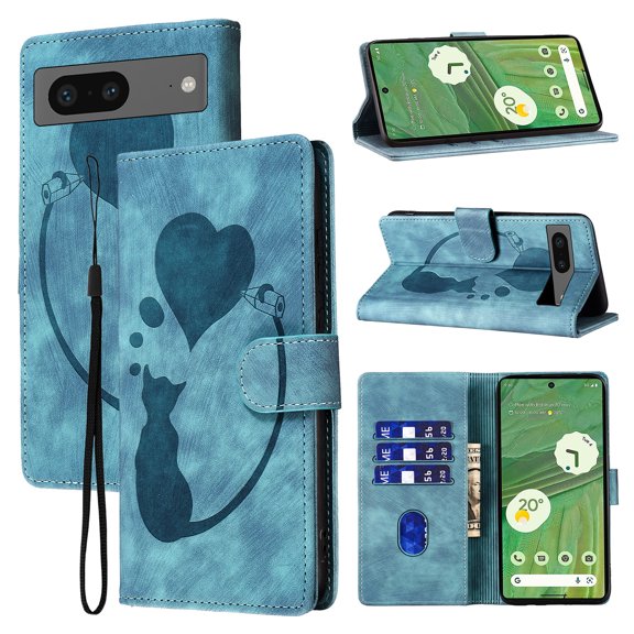 Feishell Cute Case for Google Pixel 7 Wallet,Magnetic Flip Case Credit Card Slots,Embossed Cat Love Heart,Premium Retro PU Leather, RFID Blocking & Wrist Strap & Kickstand Phone Case,Blue