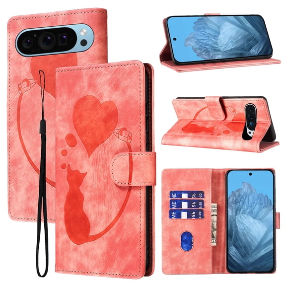 Feishell Cute Case for Google Pixel 9 Wallet,Magnetic Flip Case Credit Card Slots,Embossed Cat Love Heart,Premium Retro PU Leather, RFID Blocking & Wrist Strap & Kickstand Phone Case,Pink