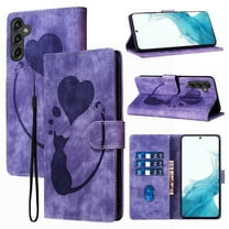Feishell Cute Case for Samsung Galaxy A15 Wallet, Magnetic Flip Case Credit Card Slots, Embossed Cat Love Heart, Premium Retro PU Leather, RFID Blocking & Wrist Strap & Kickstand Phone Case,Purple