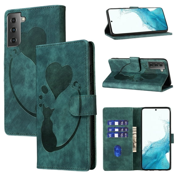 Feishell Cute Case for Samsung Galaxy S21 FE Wallet, Magnetic Flip Case Credit Card Slots, Embossed Cat Love Heart, Premium Retro PU Leather, RFID Blocking & Wrist Strap & Kickstand Phone Case,Green