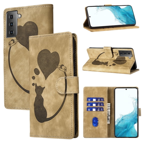Feishell Cute Case for Samsung Galaxy S22 Wallet, Magnetic Flip Case Credit Card Slots, Embossed Cat Love Heart, Premium Retro PU Leather, RFID Blocking & Wrist Strap & Kickstand Phone Case,Beige