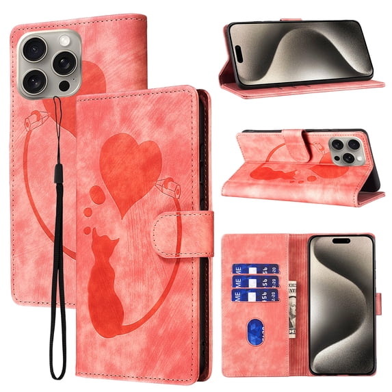 Feishell Cute Case for iPhone 13 Pro Max Wallet,Magnetic Flip Case Credit Card Slots,Embossed Cat Love Heart,Premium Retro PU Leather, RFID Blocking & Wrist Strap & Kickstand Phone Case,Pink