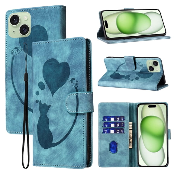 Feishell Cute Case for iPhone 15 Plus Wallet,Magnetic Flip Case Credit Card Slots,Embossed Cat Love Heart,Premium Retro PU Leather, RFID Blocking & Wrist Strap & Kickstand Phone Case,Blue