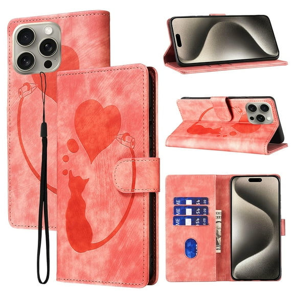 Feishell Cute Case for iPhone 15 Pro Max Wallet,Magnetic Flip Case Credit Card Slots,Embossed Cat Love Heart,Premium Retro PU Leather, RFID Blocking & Wrist Strap & Kickstand Phone Case,Pink