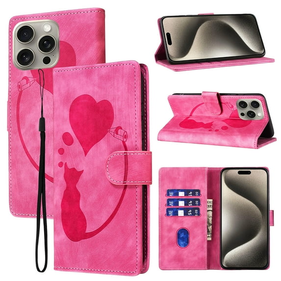 Feishell Cute Case for iPhone 15 Pro Wallet,Magnetic Flip Case Credit Card Slots,Embossed Cat Love Heart,Premium Retro PU Leather, RFID Blocking & Wrist Strap & Kickstand Phone Case,Rose