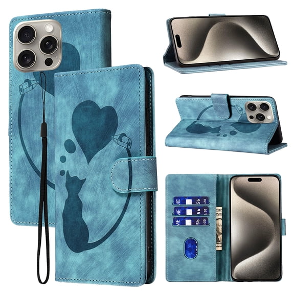 Feishell Cute Case for iPhone 15 Pro Wallet,Magnetic Flip Case Credit Card Slots,Embossed Cat Love Heart,Premium Retro PU Leather, RFID Blocking & Wrist Strap & Kickstand Phone Case,Blue