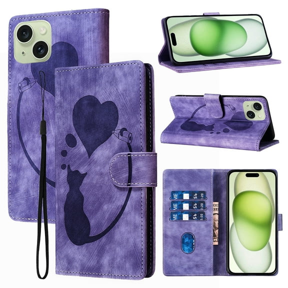 Feishell Cute Case for iPhone 15 Wallet,Magnetic Flip Case Credit Card Slots,Embossed Cat Love Heart,Premium Retro PU Leather, RFID Blocking & Wrist Strap & Kickstand Phone Case,Purple