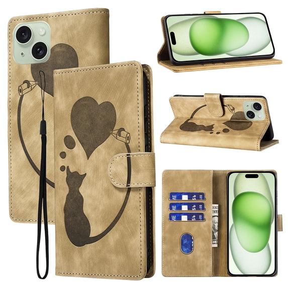 Feishell Cute Case for iPhone 15 Wallet,Magnetic Flip Case Credit Card Slots,Embossed Cat Love Heart,Premium Retro PU Leather, RFID Blocking & Wrist Strap & Kickstand Phone Case,Beige