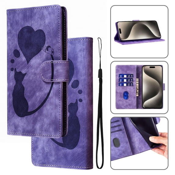 Feishell Cute Case for iPhone 8 Plus / 7 Plus Wallet,Magnetic Flip Case Credit Card Slots,Embossed Cat Love Heart,Premium Retro PU Leather, RFID Blocking & Wrist Strap & Kickstand Phone Case,Purple