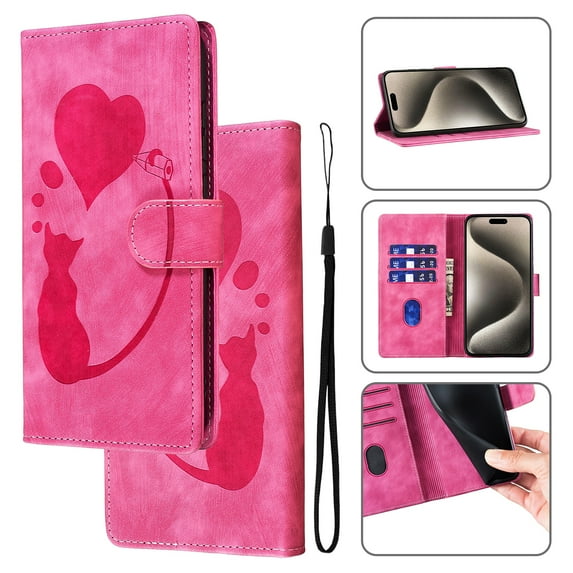 Feishell Cute Case for iPhone XR Wallet,Magnetic Flip Case Credit Card Slots,Embossed Cat Love Heart,Premium Retro PU Leather, RFID Blocking & Wrist Strap & Kickstand Phone Case,Rose