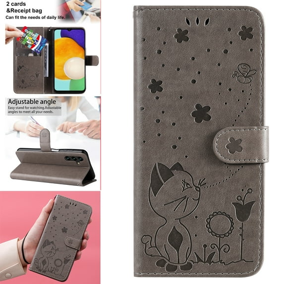 Feishell Cute Cat Embossed Pattern Leather Wallet Phone Case for Samsung Galaxy A14 5G (6.6 inch),Magnetic Buckle Shockproof Flip Holder ID Credit Card Slots Cash Pocket Slim Phone Case,Gray