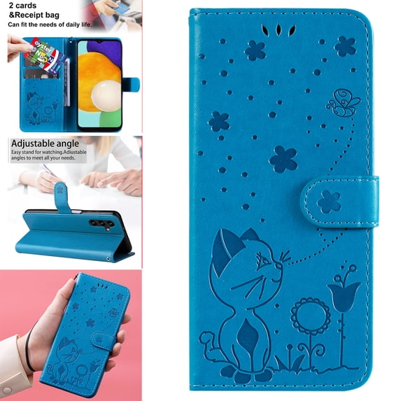 Feishell Cute Cat Embossed Pattern Leather Wallet Phone Case for Samsung Galaxy A15,Magnetic Buckle Shockproof Flip Holder ID Credit Card Slots Cash Pocket Slim Phone Case,Blue