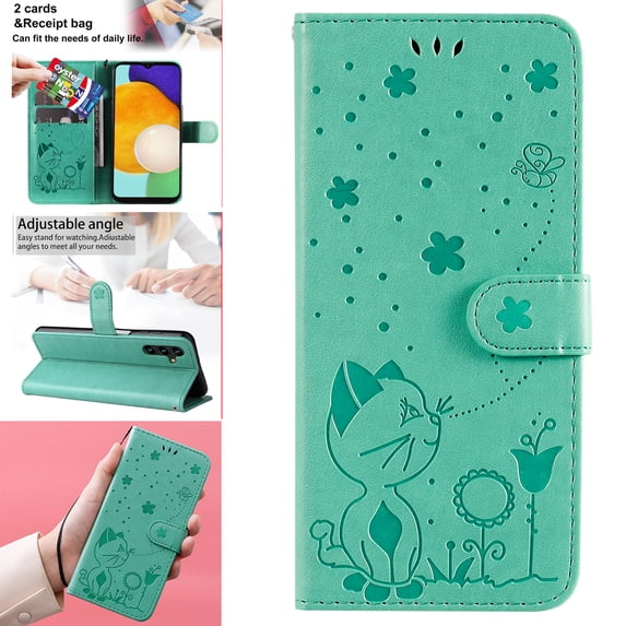 Feishell Cute Cat Embossed Pattern Leather Wallet Phone Case for Samsung Galaxy A15,Magnetic Buckle Shockproof Flip Holder ID Credit Card Slots Cash Pocket Slim Phone Case,Green