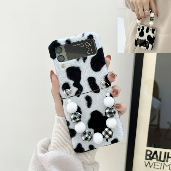 Feishell Cute Warm Fluffy Case for Samsung Galaxy Z Flip4 with Wrsit Strap Beaded Chain Plush Cover, Milk Cow Pattern Autumn Winter Cold Weather Folding Phone Case for Women Girls,Black+White+Chain