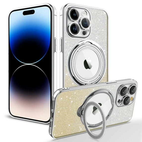 Feishell Designed for iPhone 14 Pro Max Glitter Case with 360° Rotatable Ring Stand, Magnetic Compatible with Magsafe, Gradient Bling Clear Shockproof Slim Phone Case for Women Girls, Silver