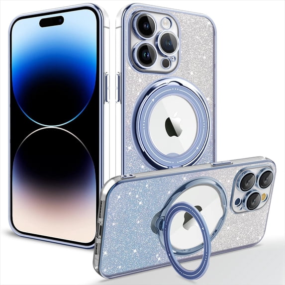 Feishell Designed for iPhone 15 Glitter Case with 360° Rotatable Ring Stand, Magnetic Compatible with Magsafe, Gradient Bling Clear Shockproof Slim Phone Case for Women Girls, Blue