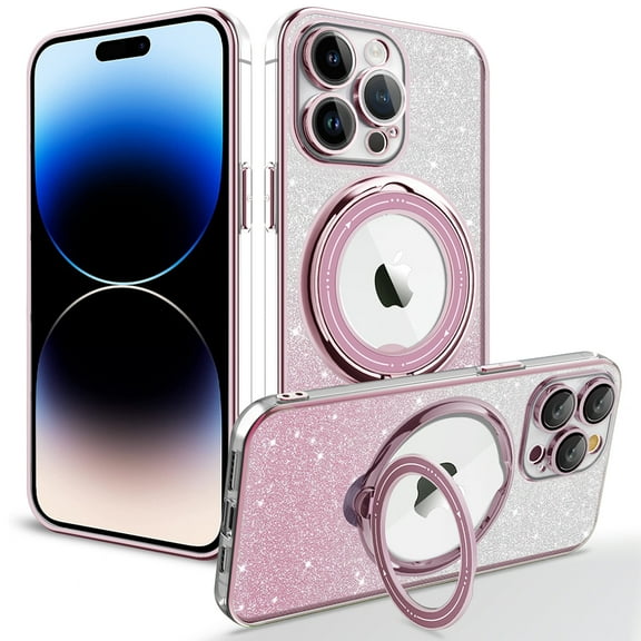 Feishell Designed for iPhone 16 Pro Max Glitter Case with 360° Rotatable Ring Stand, Magnetic Compatible with Mag-Safe, Gradient Bling Clear Shockproof Slim Phone Case for Women Girls, Pink