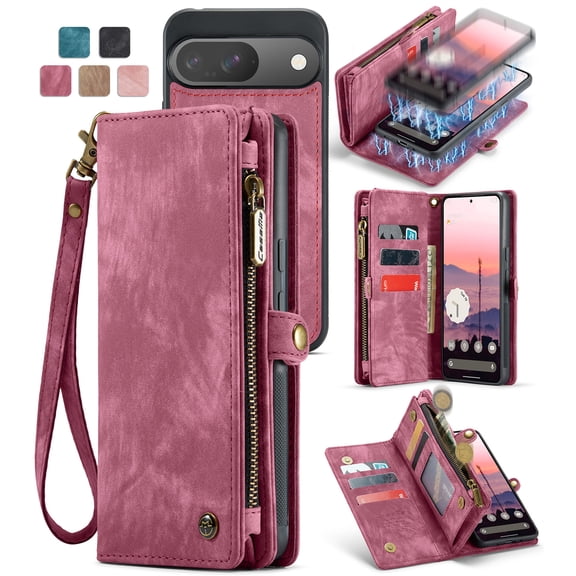 Feishell Durable 2- In-1 Magnetic Detachable Wallet Case for Google Pixel 9A,for Women Men,Premium PU Leather Zipper Pocket Flip Multi Card Slots Purse Phone Case with Wrist Strap,Red