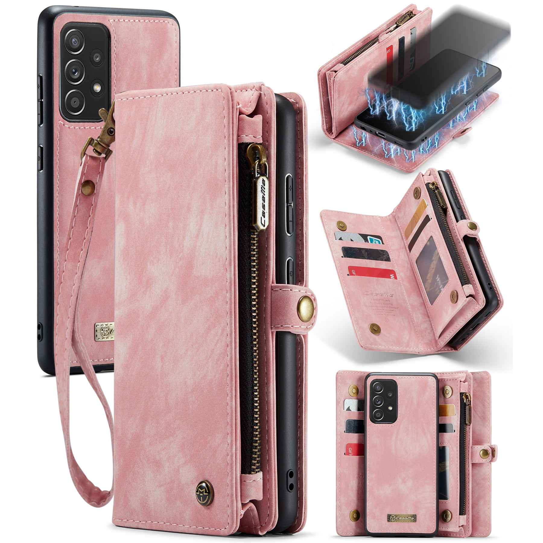 Feishell Durable 2- In-1 Magnetic Detachable Wallet Case for Samsung Galaxy A52 4G/5G,for Women Men,Premium PU Leather Zipper Pocket Flip Multi Card Slots Purse Phone Case with Wrist Strap,Pink