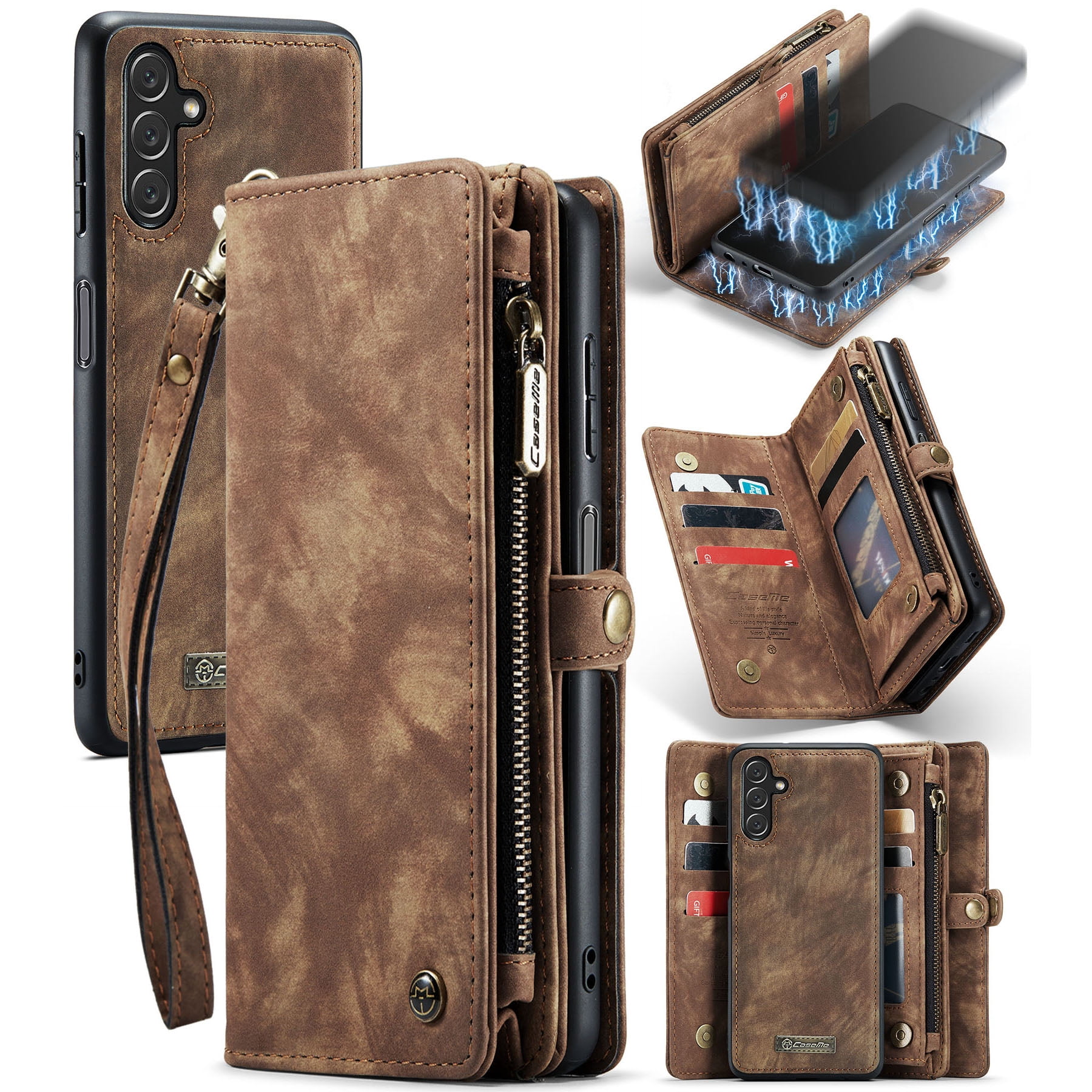 Feishell Durable 2- In-1 Magnetic Detachable Wallet Case for Samsung Galaxy A56 5G,for Women Men,Premium PU Leather Zipper Pocket Flip Multi Card Slots Purse Phone Case with Wrist Strap,Darkbrown