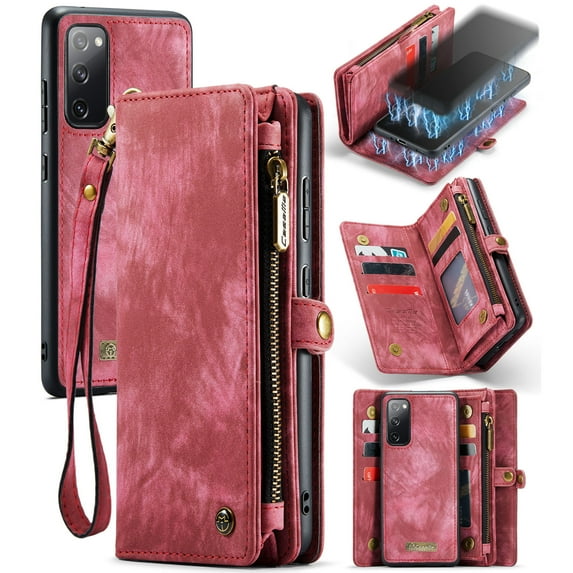 Feishell Durable 2-In-1 Magnetic Detachable Wallet Case for Samsung Galaxy S20 FE,for Women Men,Premium PU Leather Zipper Pocket Flip Multi Card Slots Purse Phone Case with Wrist Strap,Red