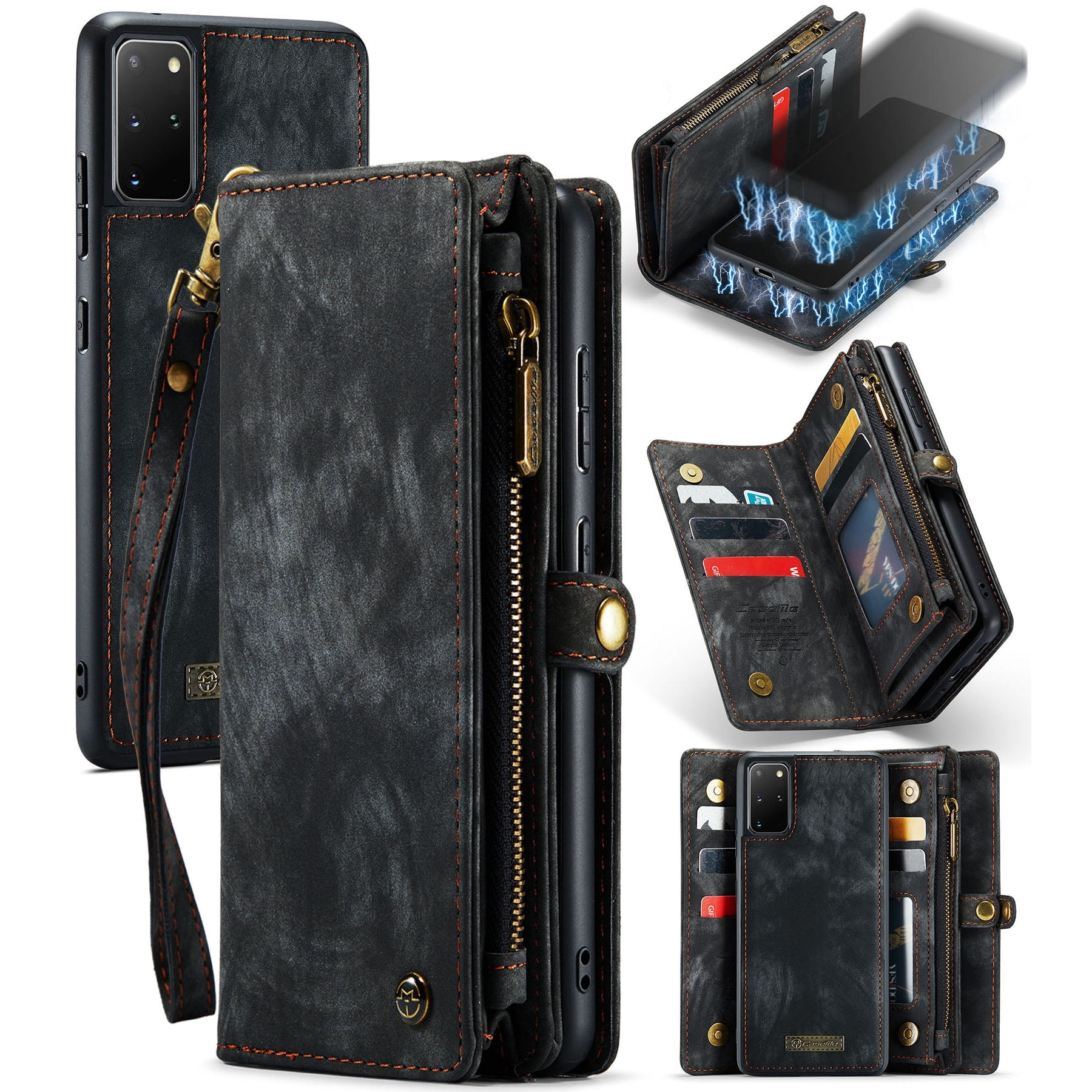 Feishell Durable 2-In-1 Magnetic Detachable Wallet Case for Samsung Galaxy S20+,for Women Men,Premium PU Leather Zipper Pocket Flip Multi Card Slots Purse Phone Case with Wrist Strap,Black