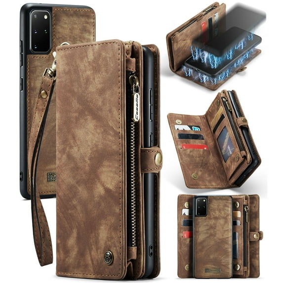 Feishell Durable 2-In-1 Magnetic Detachable Wallet Case for Samsung Galaxy S20+,for Women Men,Premium PU Leather Zipper Pocket Flip Multi Card Slots Purse Phone Case with Wrist Strap,Darkbrown