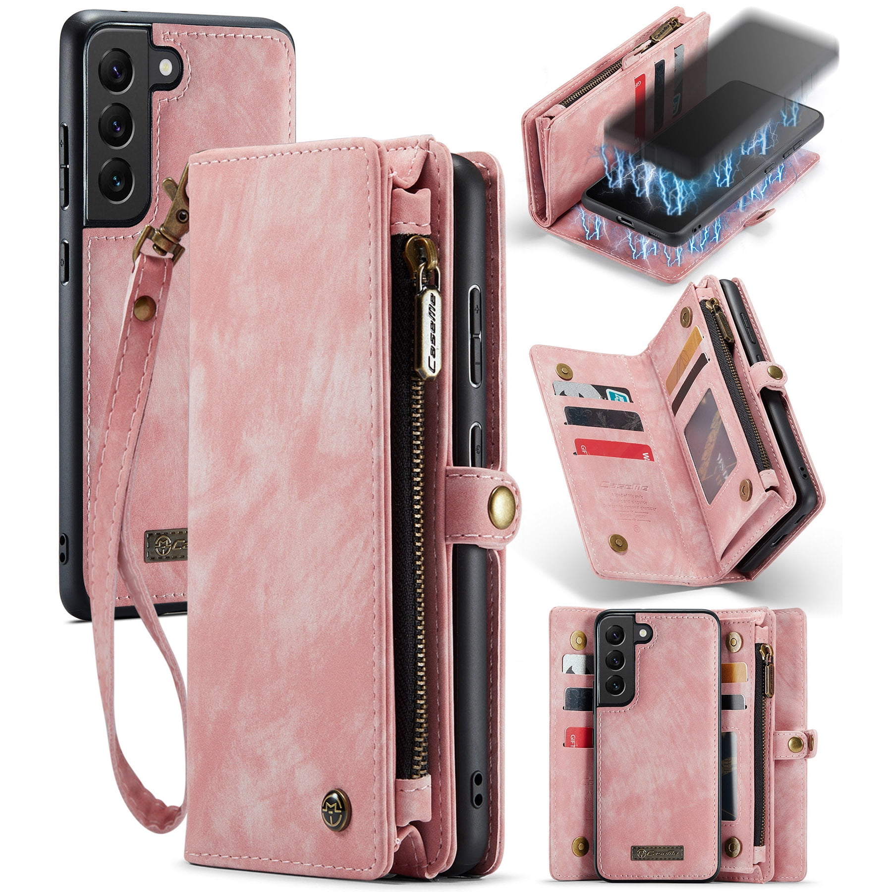 Feishell Durable 2-In-1 Magnetic Detachable Wallet Case for Samsung Galaxy S22,for Women Men,Premium PU Leather Zipper Pocket Flip Multi Card Slots Purse Phone Case with Wrist Strap,Pink