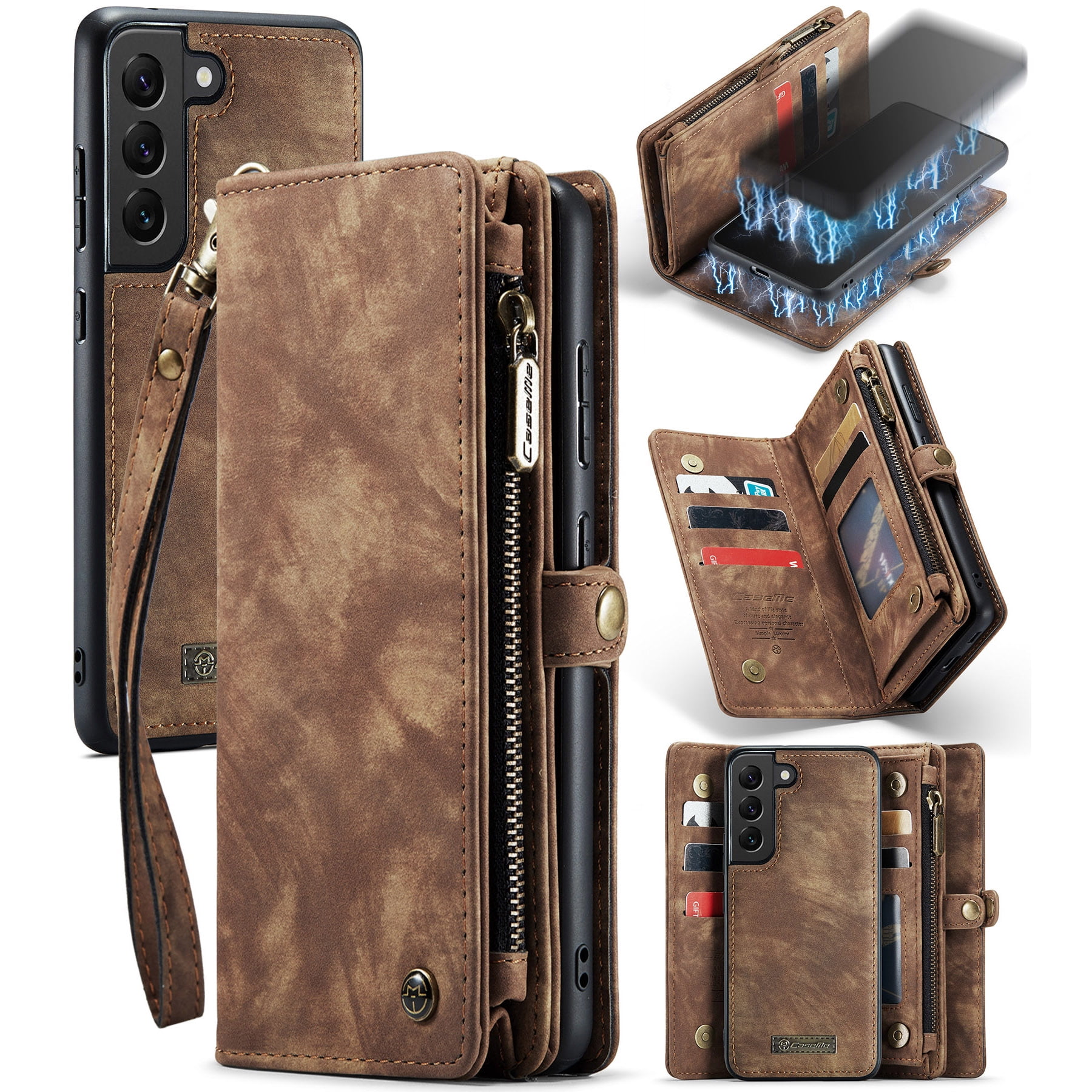 Feishell Durable 2-In-1 Magnetic Detachable Wallet Case for Samsung Galaxy S22,for Women Men,Premium PU Leather Zipper Pocket Flip Multi Card Slots Purse Phone Case with Wrist Strap,Darkbrown