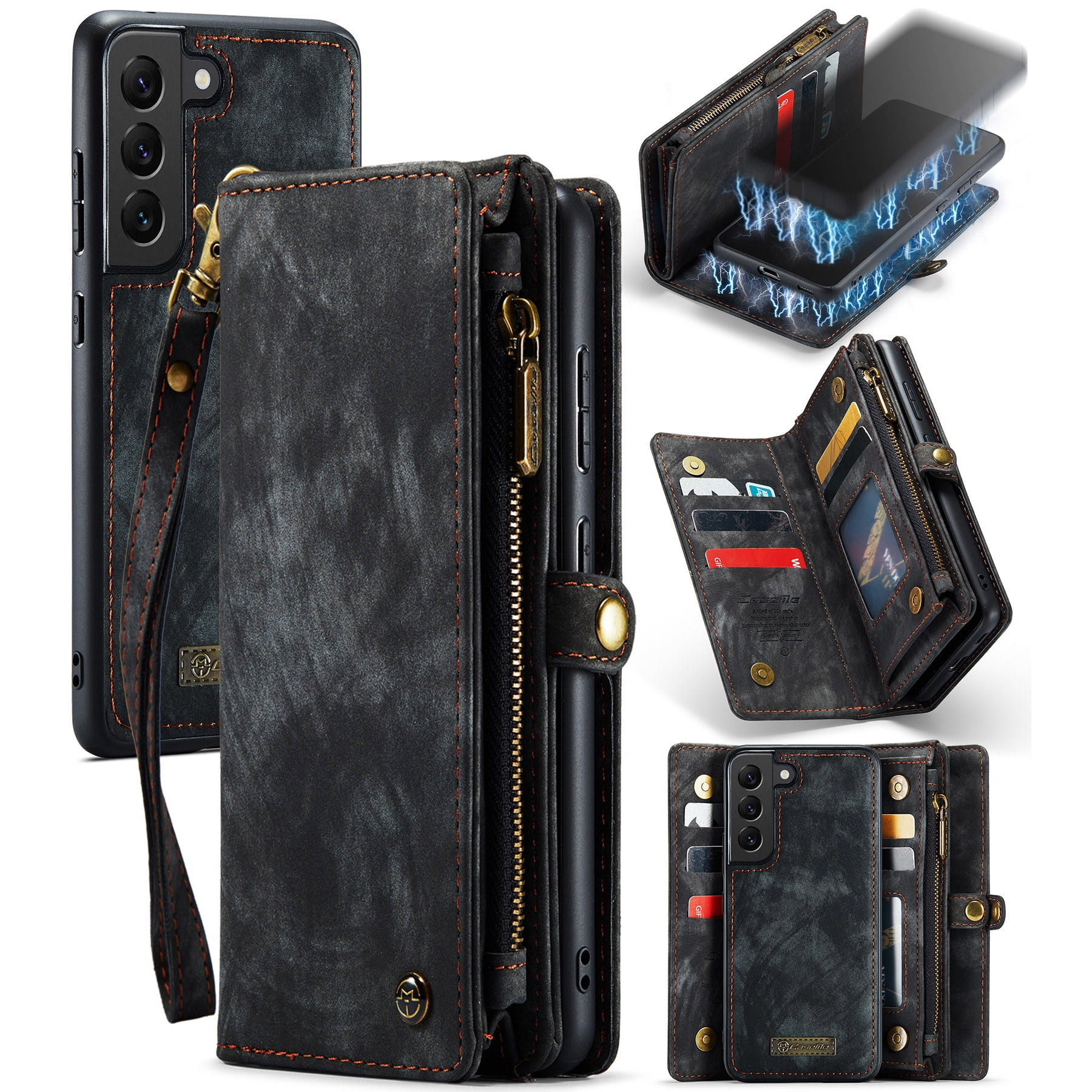 Feishell Durable 2-In-1 Magnetic Detachable Wallet Case for Samsung Galaxy S22,for Women Men,Premium PU Leather Zipper Pocket Flip Multi Card Slots Purse Phone Case with Wrist Strap,Black