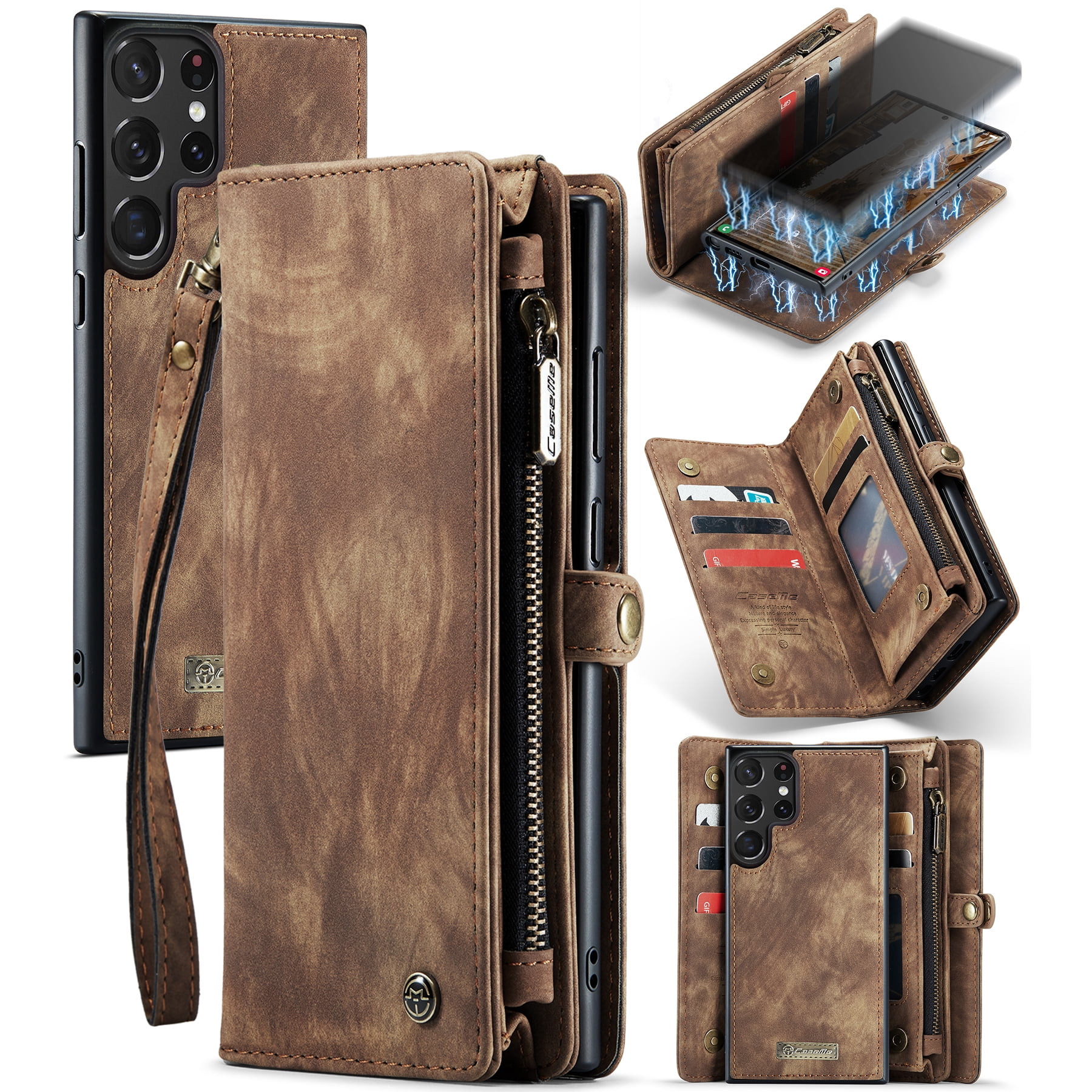 Feishell Durable 2- In-1 Magnetic Detachable Wallet Case for Samsung Galaxy S24 Ultra,for Women Men,Premium PU Leather Zipper Pocket Flip Multi Card Slots Purse Phone Case with Wrist Strap,Darkbrown
