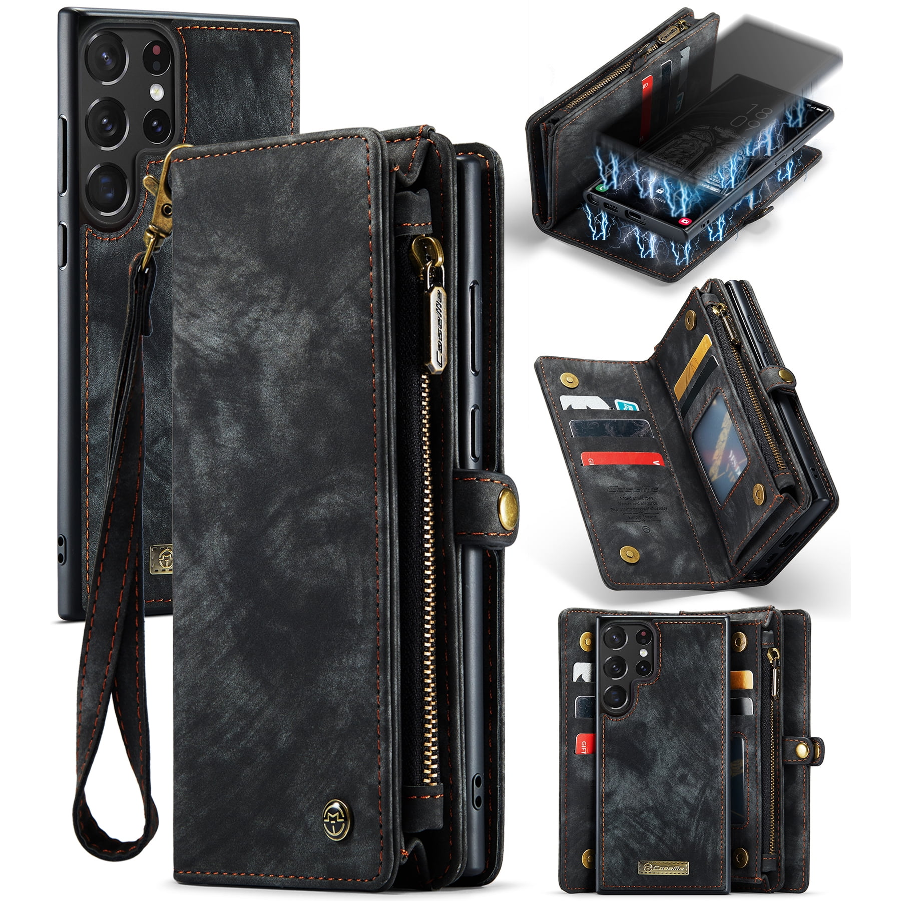 Feishell Durable 2- In-1 Magnetic Detachable Wallet Case for Samsung Galaxy S25 Ultra,for Women Men,Premium PU Leather Zipper Pocket Flip Multi Card Slots Purse Phone Case with Wrist Strap,Black