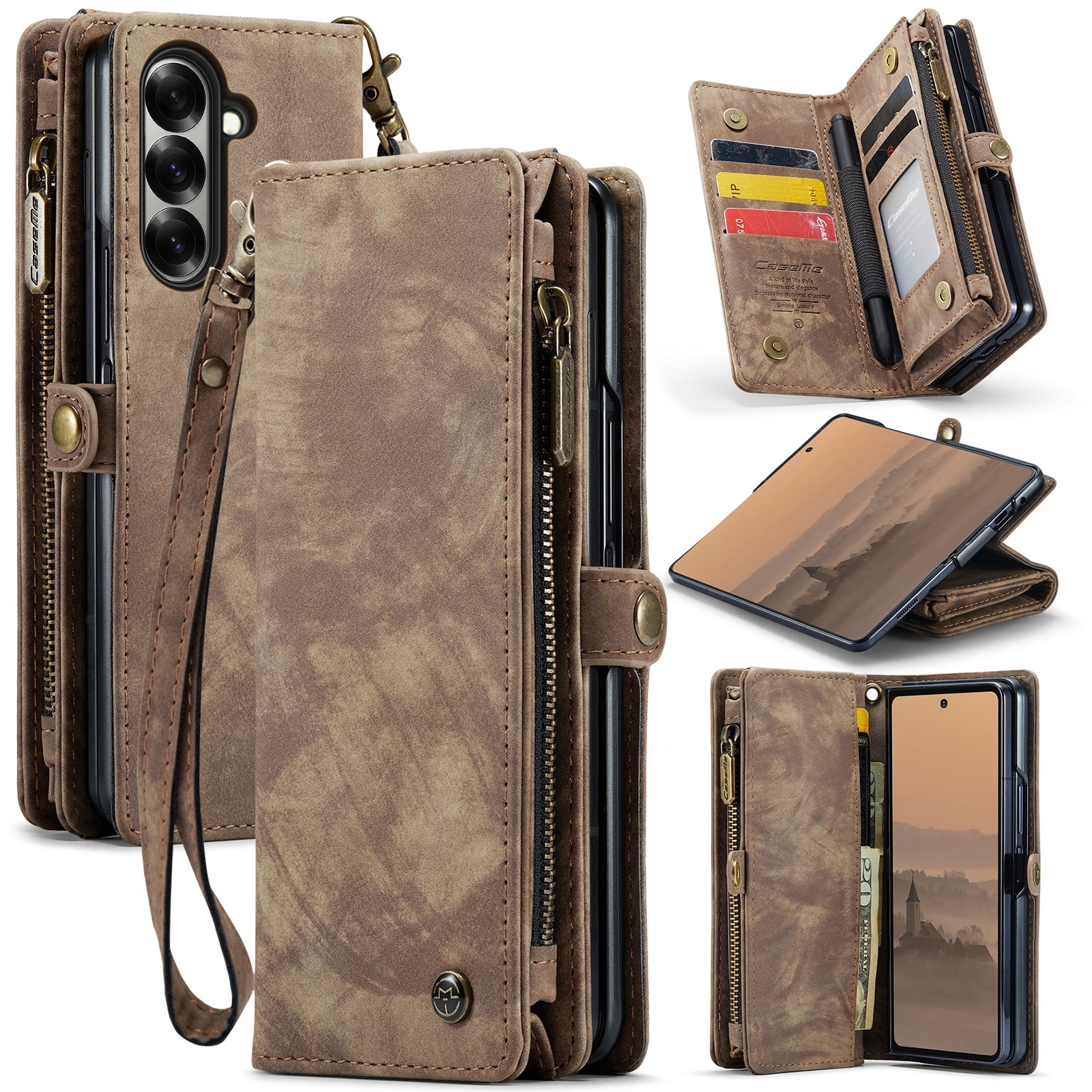 Feishell Durable 2- In-1 Magnetic Detachable Wallet Case for Samsung Galaxy Z Fold 7,for Women Men,Premium PU Leather Zipper Pocket Flip Multi Card Slots Purse Phone Case with Wrist Strap,Darkbrown