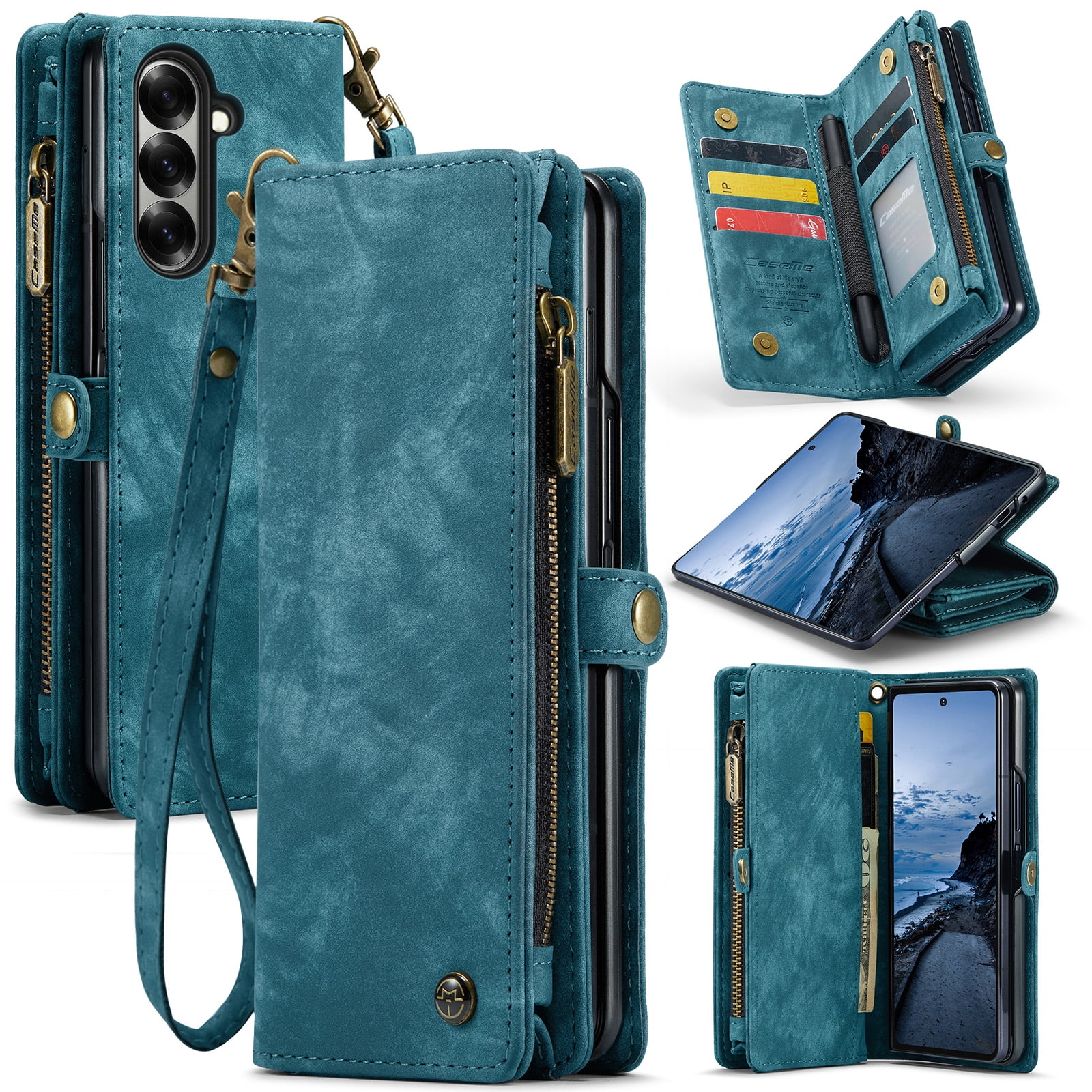 Feishell Durable 2- In-1 Magnetic Detachable Wallet Case for Samsung Galaxy Z Fold 7,for Women Men,Premium PU Leather Zipper Pocket Flip Multi Card Slots Purse Phone Case with Wrist Strap,Green