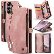 Feishell Durable 2- In-1 Magnetic Detachable Wallet Case for Samsung Galaxy Z Fold 7,for Women Men,Premium PU Leather Zipper Pocket Flip Multi Card Slots Purse Phone Case with Wrist Strap,Pink