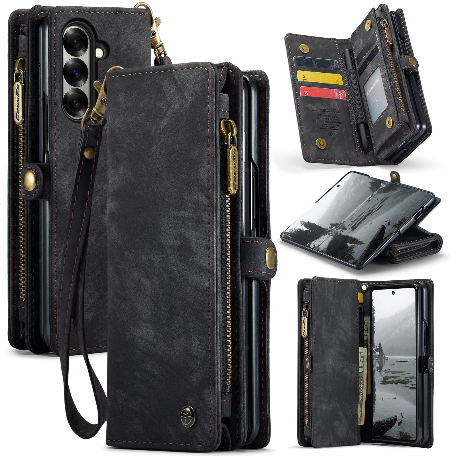 Feishell Durable 2- In-1 Magnetic Detachable Wallet Case for Samsung Galaxy Z Fold 7,for Women Men,Premium PU Leather Zipper Pocket Flip Multi Card Slots Purse Phone Case with Wrist Strap,Black