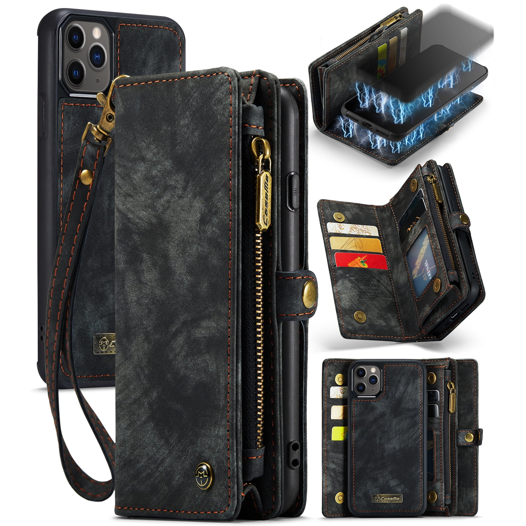 Feishell Durable 2-In-1 Magnetic Detachable Wallet Case for iPhone 11 Pro Max,for Women Men,Premium PU Leather Zipper Pocket Flip Multi Card Slots Purse Phone Case with Wrist Strap,Black