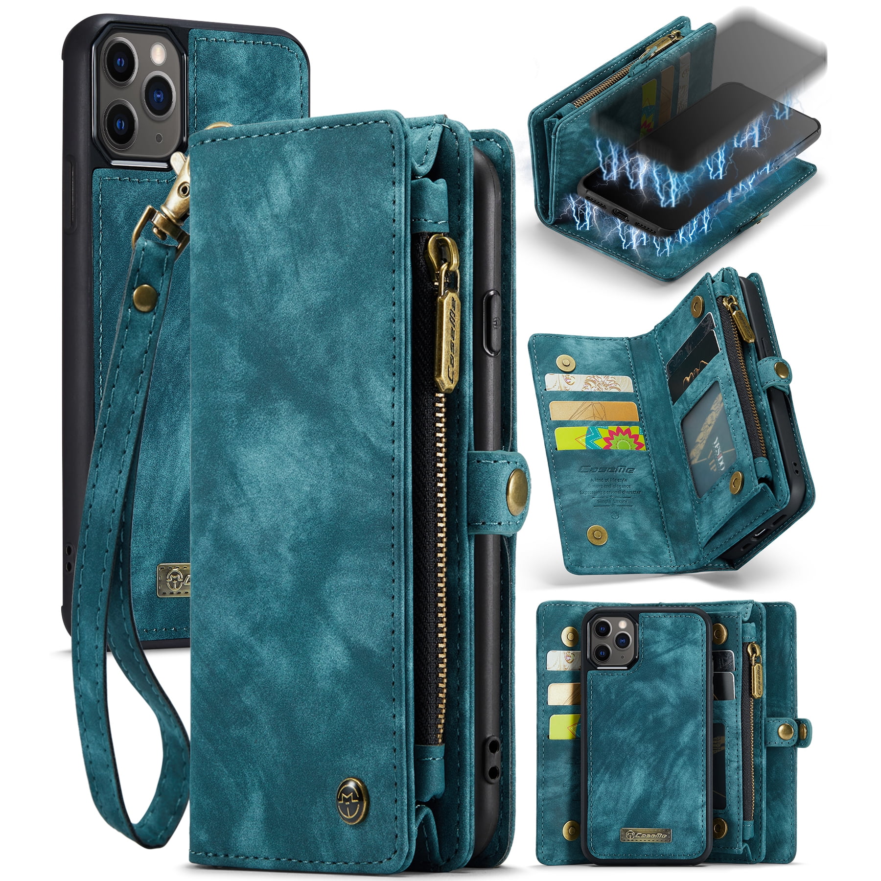 Feishell Durable 2-In-1 Magnetic Detachable Wallet Case for iPhone 11 Pro Max,for Women Men,Premium PU Leather Zipper Pocket Flip Multi Card Slots Purse Phone Case with Wrist Strap,Green